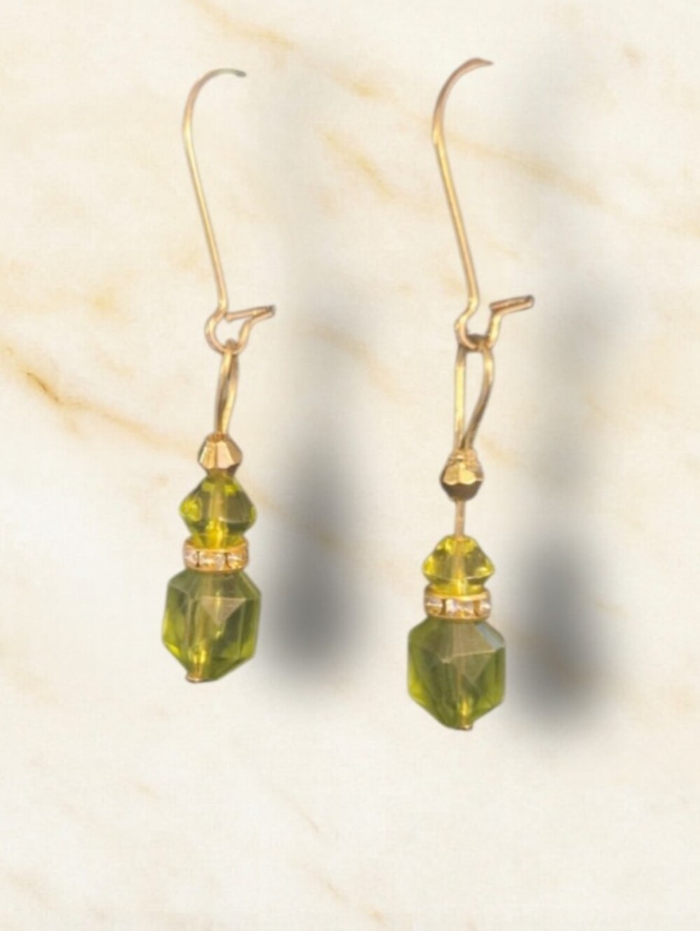 Gold Tone Green Crystal Drop Earrings - Handmade
